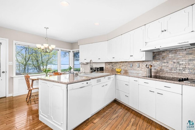 2900 London Rd, Duluth, MN 55804 - kitchen featuring white dishwasher, black electric stovetop, a peninsula, under cabinet range hood, and a sink