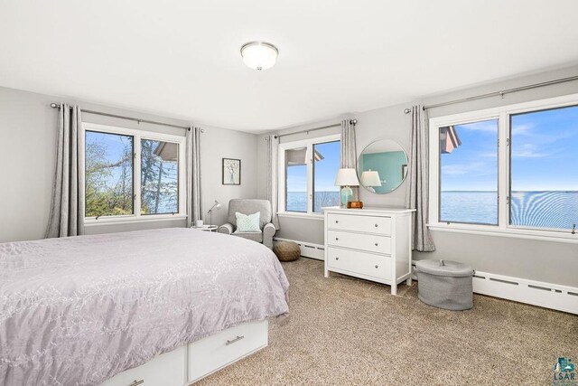 2900 London Rd, Duluth, MN 55804 - bedroom with a baseboard radiator, light carpet, and a water view