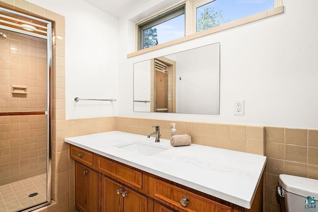 2900 London Rd, Duluth, MN 55804 - full bathroom with a shower stall, toilet, vanity, and tile walls