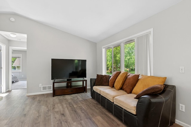 2035 123rd Ave NW, Coon Rapids, MN 55448 - living area with vaulted ceiling, wood finished floors, and baseboards