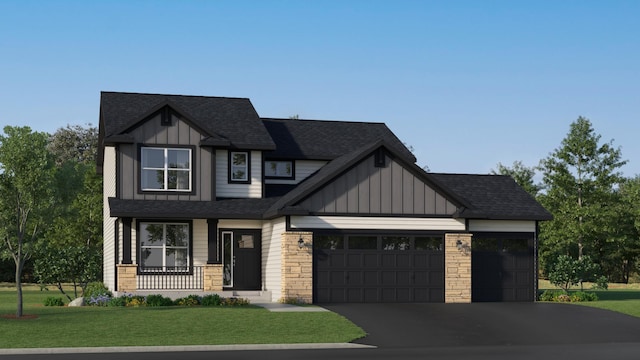 252 6th St NW, Delano, MN 55328 - view of front facade featuring board and batten siding, an attached garage, a front yard, and roof with shingles