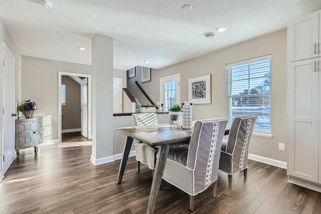 21749 Lilac Dr, Farmington, MN 55024 - dining area with plenty of natural light, dark wood finished floors, baseboards, recessed lighting, and a textured ceiling