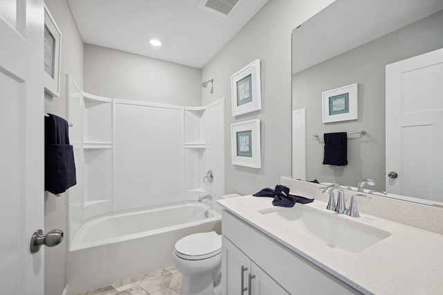21749 Lilac Dr, Farmington, MN 55024 - full bath featuring vanity, toilet, shower / bathtub combination, recessed lighting, and marble look tile flooring