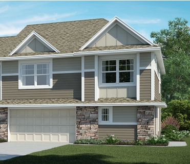 21749 Lilac Dr, Farmington, MN 55024 - view of front of property with stone siding, driveway, a garage, a front lawn, and roof with shingles