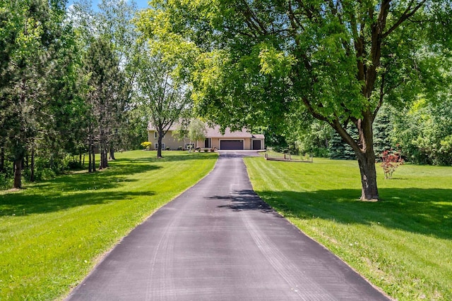 21570 France Blvd, Credit River Twp, MN 55044 - view of property hidden behind natural elements with asphalt driveway, a front lawn, and view of wooded area