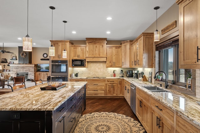 8530 Fir St, Greenfield, MN 55373 - kitchen with a fireplace, a sink, black appliances, backsplash, and dark wood-style flooring