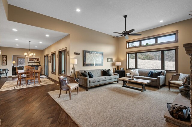 8530 Fir St, Greenfield, MN 55373 - living area featuring recessed lighting, a chandelier, dark wood-type flooring, and a ceiling fan