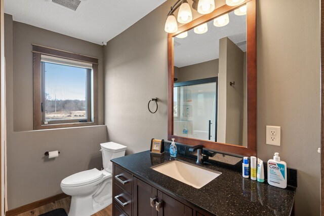 8530 Fir St, Greenfield, MN 55373 - full bathroom featuring vanity, toilet, a shower with door, and wood finished floors