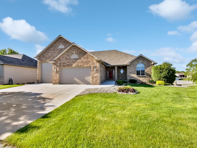 1101 Golfers Ct SE, Rochester, MN 55904 - view of front of home with brick siding, a garage, a front lawn, driveway, and a shingled roof