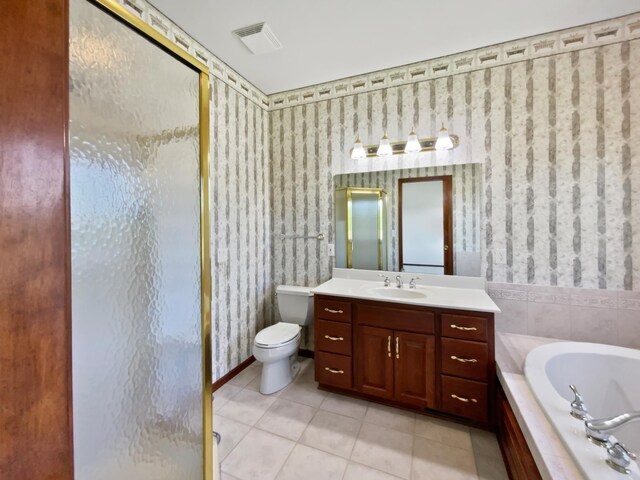 1101 Golfers Ct SE, Rochester, MN 55904 - full bath featuring wallpapered walls, tile patterned floors, a garden tub, vanity, and a shower stall