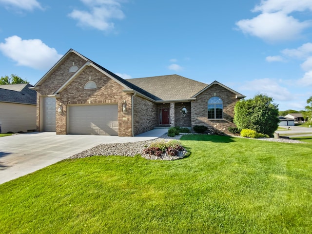 1101 Golfers Ct SE, Rochester, MN 55904 - view of front of house featuring brick siding, an attached garage, a front lawn, driveway, and a shingled roof