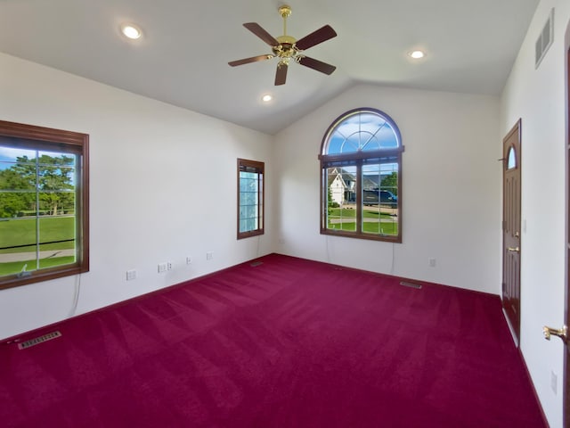 1101 Golfers Ct SE, Rochester, MN 55904 - carpeted empty room with ceiling fan, lofted ceiling, and recessed lighting