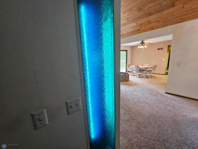 103 4th St S, Fairmount, ND 58030 - hallway featuring wood ceiling and carpet floors