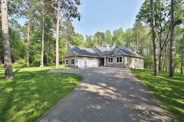 23904 Summer Haven Ln, Nisswa, MN 56468 - single story home with asphalt driveway, an attached garage, a front yard, and stone siding
