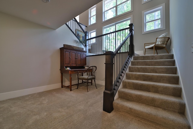 23904 Summer Haven Ln, Nisswa, MN 56468 - staircase featuring carpet, baseboards, and a high ceiling