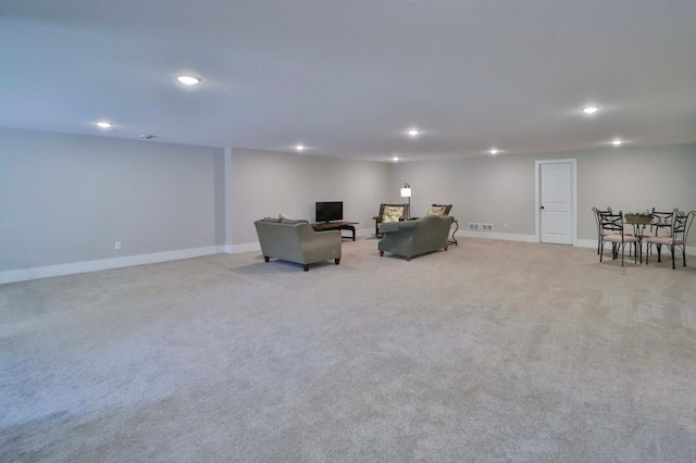 23904 Summer Haven Ln, Nisswa, MN 56468 - living area with recessed lighting, light colored carpet, and baseboards