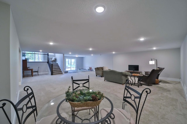 23904 Summer Haven Ln, Nisswa, MN 56468 - living room with light colored carpet, stairs, baseboards, and recessed lighting