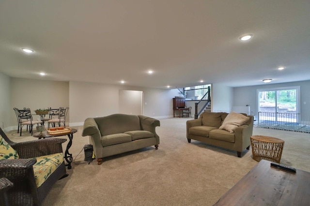 23904 Summer Haven Ln, Nisswa, MN 56468 - carpeted living area featuring stairs, recessed lighting, and baseboards
