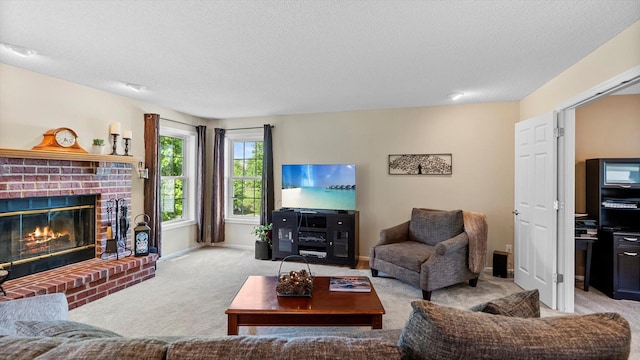 8548 139th St, Savage, MN 55378 - living room featuring carpet, a fireplace, a textured ceiling, and baseboards