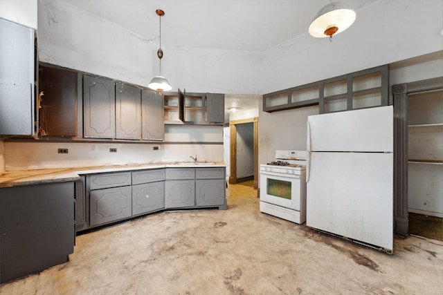 691 Burr St, Saint Paul, MN 55130 - kitchen featuring white appliances, gray cabinetry, a sink, and light countertops