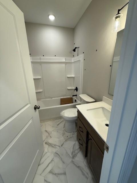 10051 Mulberry Ln, Corcoran, MN 55374 - full bathroom with vanity, recessed lighting, marble finish flooring, toilet, and shower / bathtub combination