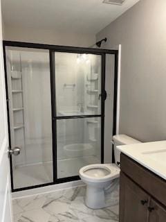 10051 Mulberry Ln, Corcoran, MN 55374 - bathroom featuring marble finish floors, vanity, toilet, and a shower stall