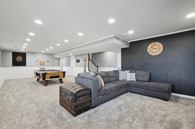 5282 Randolph Ave NE, Otsego, MN 55374 - living area with a decorative wall, carpet floors, stairway, recessed lighting, and billiards