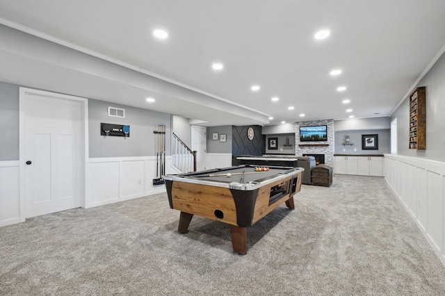 5282 Randolph Ave NE, Otsego, MN 55374 - rec room featuring carpet floors, pool table, a fireplace, a decorative wall, and wainscoting