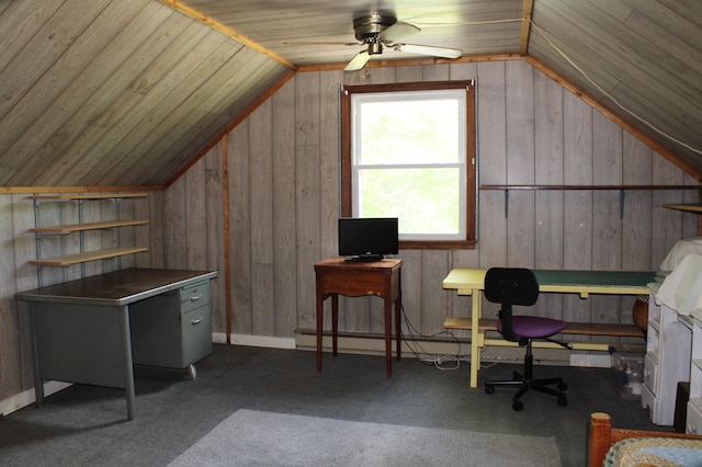 44500 Elmcrest Ave, Fish Lake Twp, MN 55032 - office space with vaulted ceiling, a ceiling fan, wood walls, and carpet floors