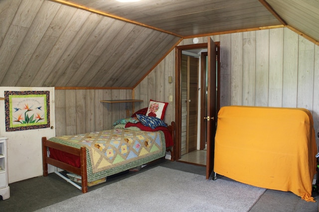 44500 Elmcrest Ave, Fish Lake Twp, MN 55032 - carpeted bedroom featuring lofted ceiling and wooden walls