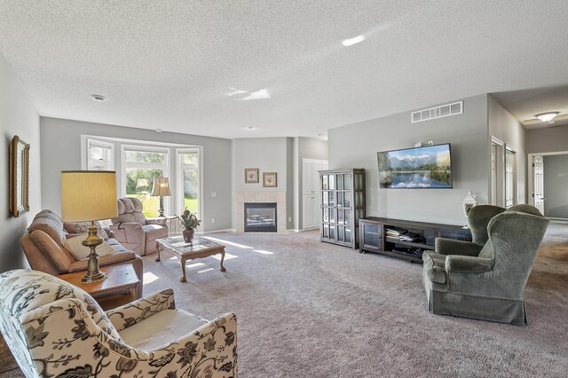17260 Keystone Ave N, Hugo, MN 55038 - living room with carpet, a textured ceiling, and a tile fireplace