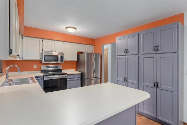 106 1/2 N St, Hudson, WI 54016 - kitchen with stainless steel appliances, a sink, light countertops, a peninsula, and gray cabinetry