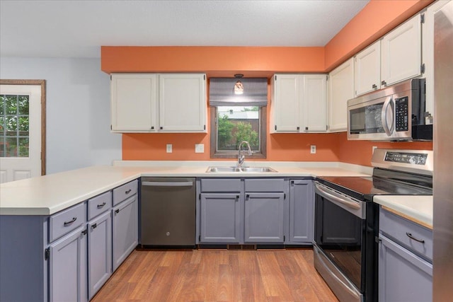 106 1/2 N St, Hudson, WI 54016 - kitchen with appliances with stainless steel finishes, a sink, a peninsula, gray cabinetry, and light wood finished floors