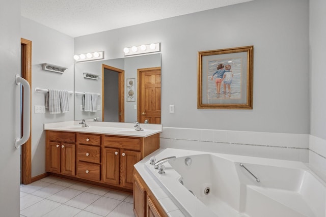 11202 Virginia Rd, Bloomington, MN 55438 - bathroom featuring double vanity, a tub with jets, tile patterned flooring, and a textured ceiling