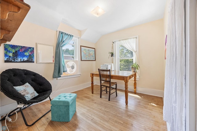 1413 11th Ave S, Fargo, ND 58103 - home office featuring hardwood / wood-style flooring, vaulted ceiling, and baseboards