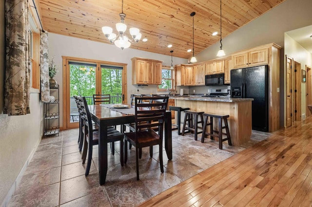 31172 Apache Cir, Breezy Point, MN 56472 - dining room with wood ceiling, a chandelier, baseboards, light wood-style flooring, and high vaulted ceiling