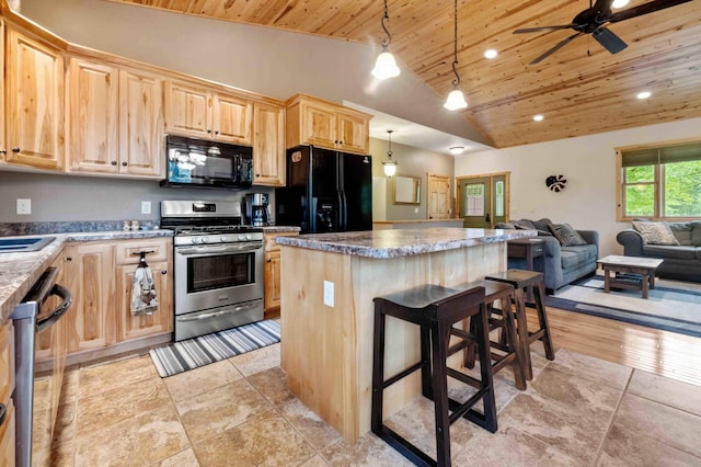 31172 Apache Cir, Breezy Point, MN 56472 - kitchen featuring black appliances, wood ceiling, light brown cabinetry, lofted ceiling, and open floor plan