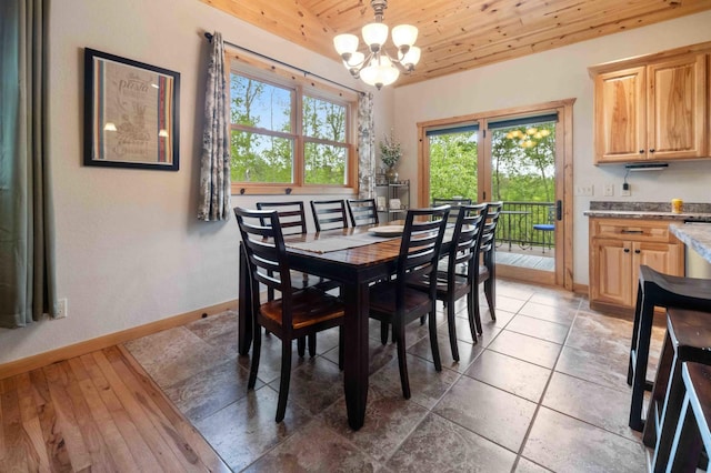 31172 Apache Cir, Breezy Point, MN 56472 - dining room with wooden ceiling, a chandelier, baseboards, and vaulted ceiling
