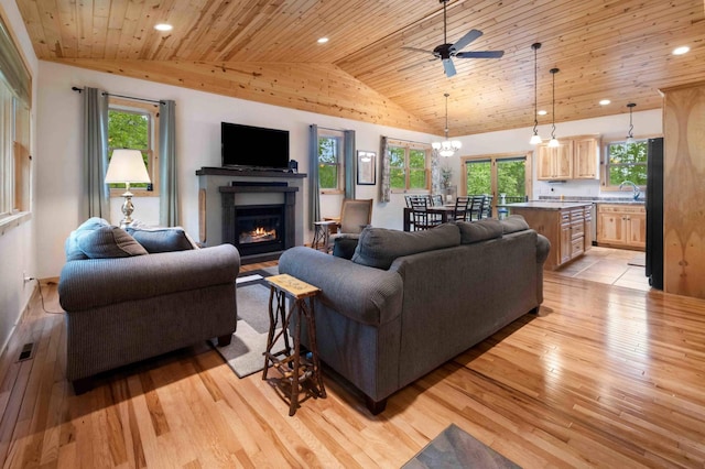31172 Apache Cir, Breezy Point, MN 56472 - living room featuring light wood-style floors, lofted ceiling, wooden ceiling, a lit fireplace, and healthy amount of natural light