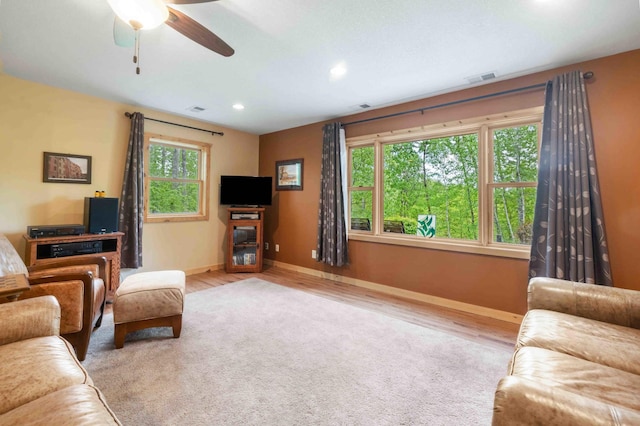 31172 Apache Cir, Breezy Point, MN 56472 - living area featuring ceiling fan, baseboards, wood finished floors, and recessed lighting