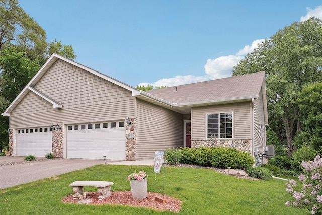 3157 Doneene Ln, Eagan, MN 55121 - view of front of property with stone siding, a front yard, cooling unit, a garage, and asphalt driveway