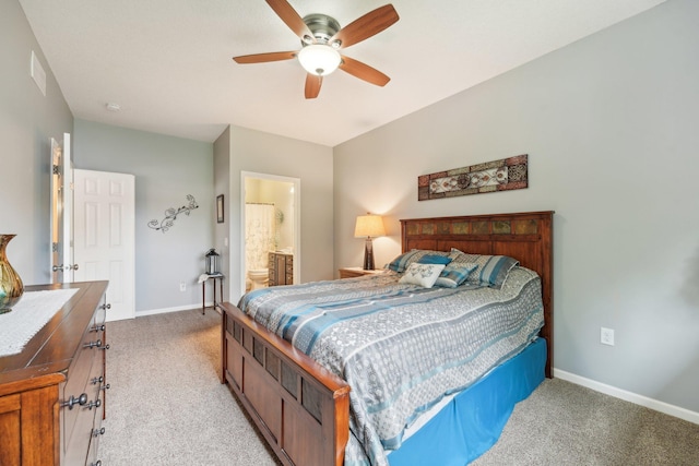 3157 Doneene Ln, Eagan, MN 55121 - bedroom featuring light carpet, baseboards, ensuite bathroom, and a ceiling fan