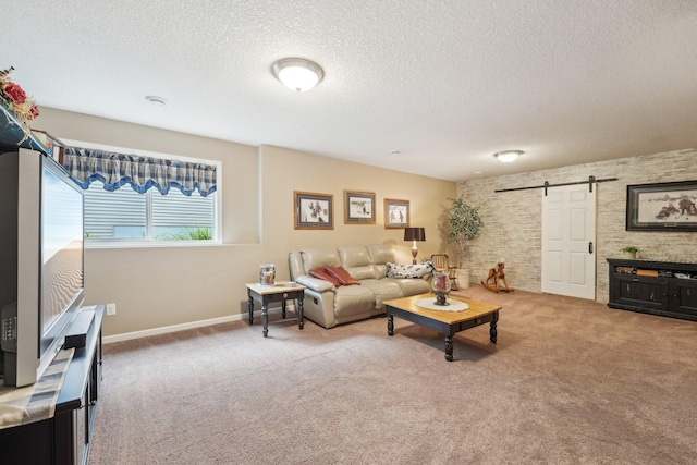 3157 Doneene Ln, Eagan, MN 55121 - living room with a barn door, a textured ceiling, carpet floors, and baseboards