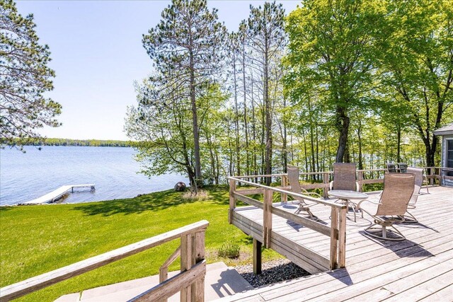 29008 Shore Ln, Lone Pine Twp, MN 55775 - wooden terrace with a water view and a yard