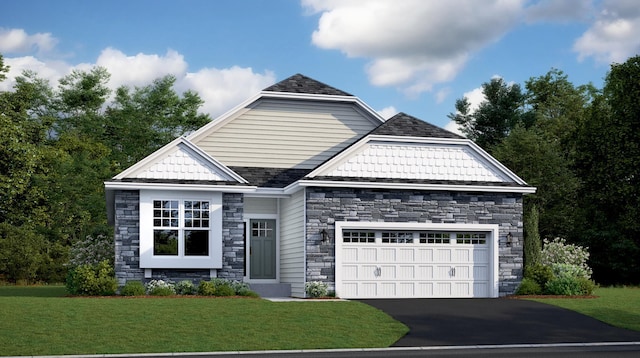 20106 68th Pl, Corcoran, MN 55340 - view of front facade with stone siding, a garage, asphalt driveway, and a front yard
