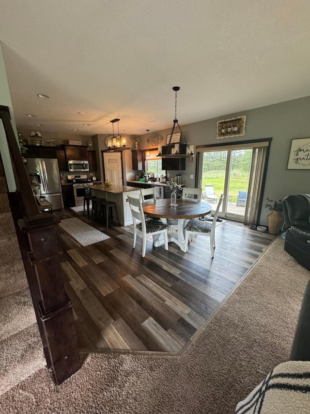 22592 43rd Ave, Saint Augusta, MN 56301 - dining area with dark wood-type flooring, a chandelier, dark colored carpet, and recessed lighting