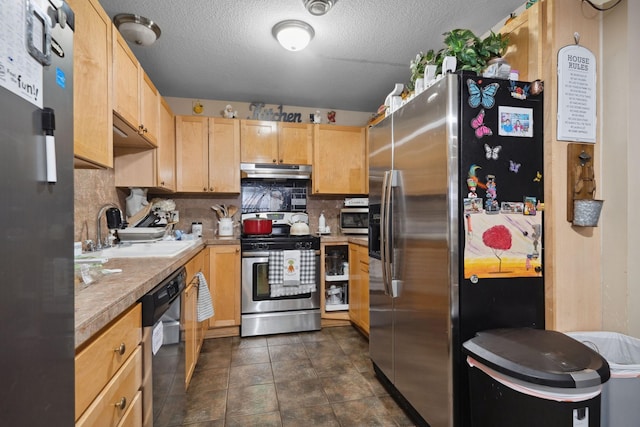 1599 Rice St, Saint Paul, MN 55117 - kitchen featuring stainless steel appliances, under cabinet range hood, a sink, light brown cabinets, and a textured ceiling