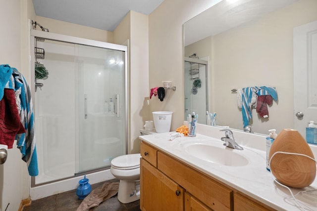 1599 Rice St, Saint Paul, MN 55117 - bathroom with a stall shower, vanity, toilet, and tile patterned flooring
