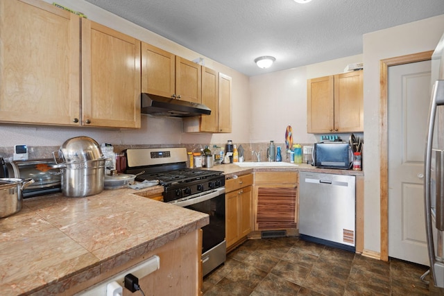 1599 Rice St, Saint Paul, MN 55117 - kitchen featuring under cabinet range hood, stainless steel appliances, light brown cabinetry, a sink, and a textured ceiling