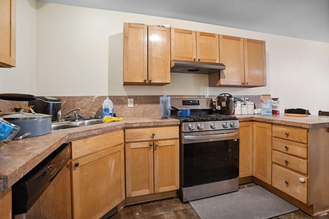 1599 Rice St, Saint Paul, MN 55117 - kitchen featuring stainless steel appliances, under cabinet range hood, a peninsula, and a sink
